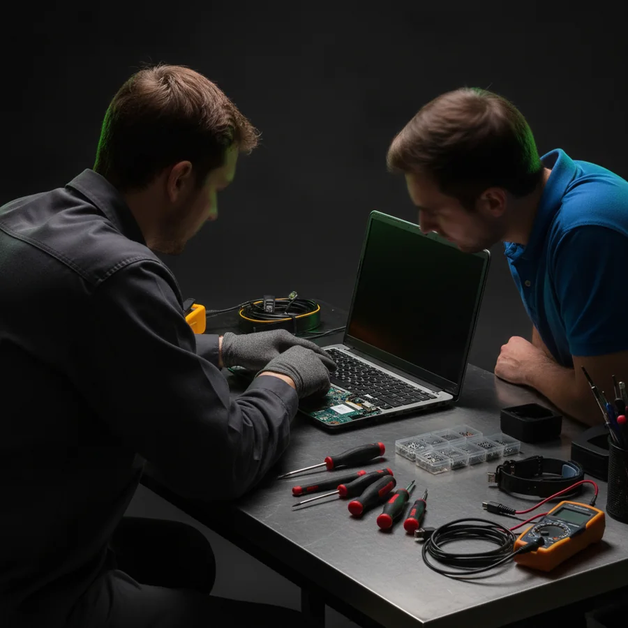 Zwei Techniker vom Computerzentrum Lübben bei der Reparatur eines Laptops